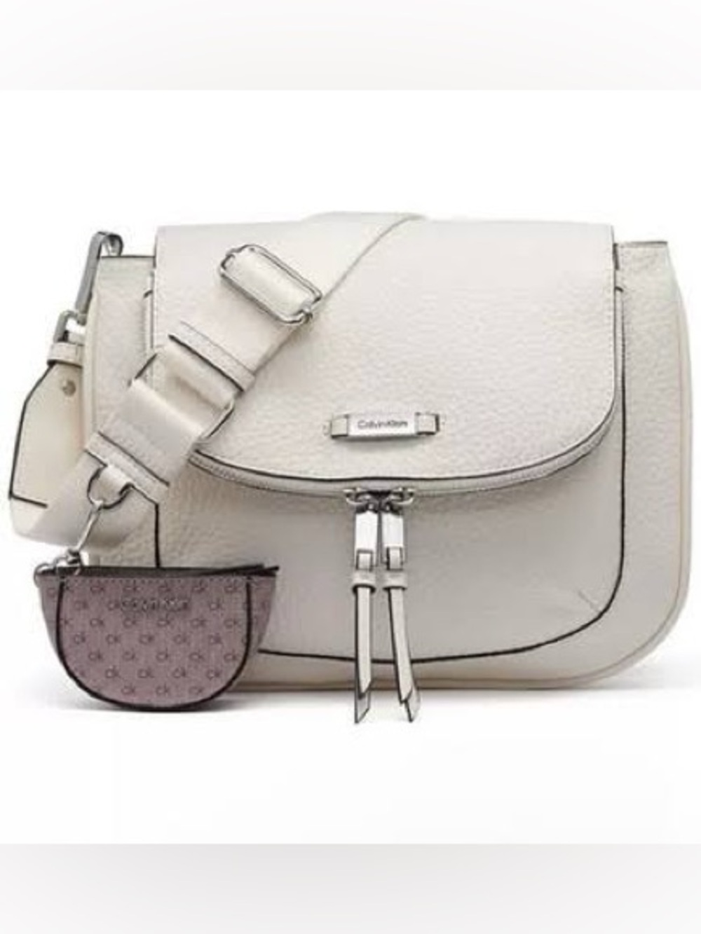 Calvin Klein Zulle All Around Zip Cream Leather Crossbody Bag & Coin Pouch NWT